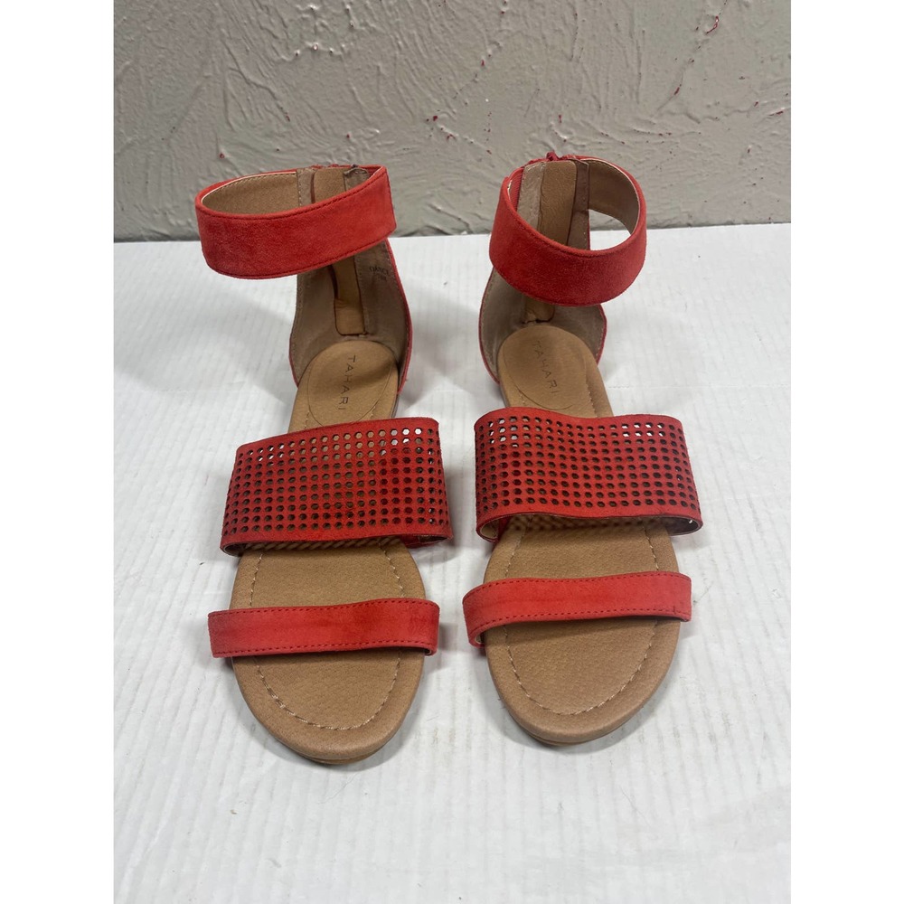 Tahari Womens Dance Ankle Strap Sandals Coral Orange Laser Cut Flat Heel Zip 7.5